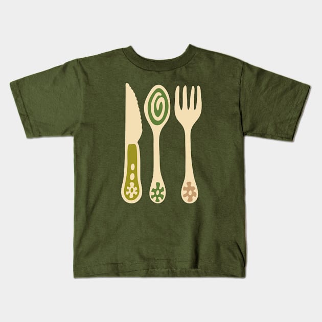 CUTLERY Retro Vintage Kitchen Utensils Knife Spoon Fork in Olive Brown and Green - UnBlink Studio by Jackie Tahara Kids T-Shirt by UnBlink Studio by Jackie Tahara